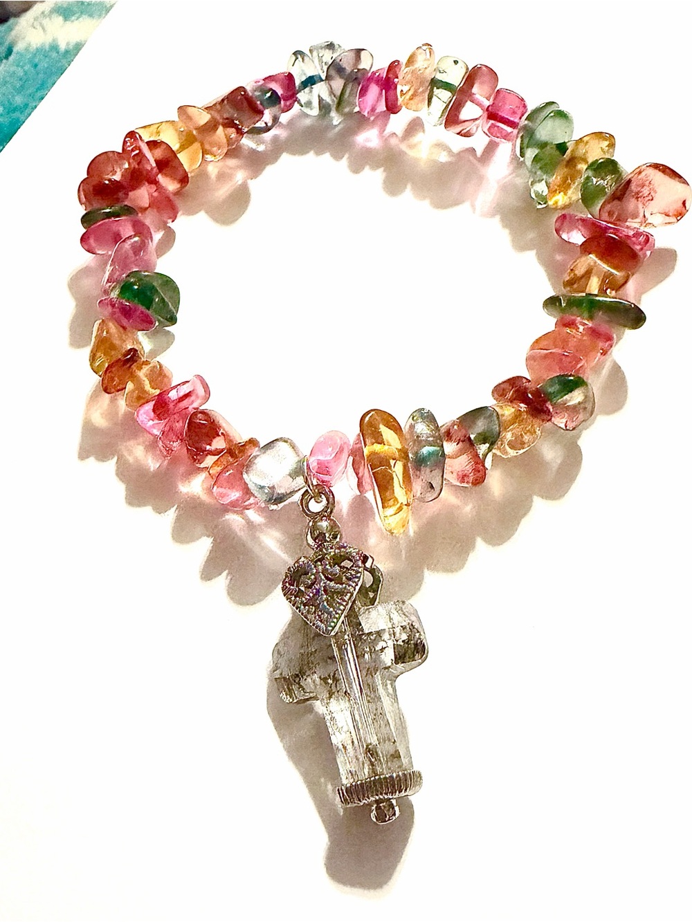 Multicolored Crystal Bead Cross Charm Bracelet